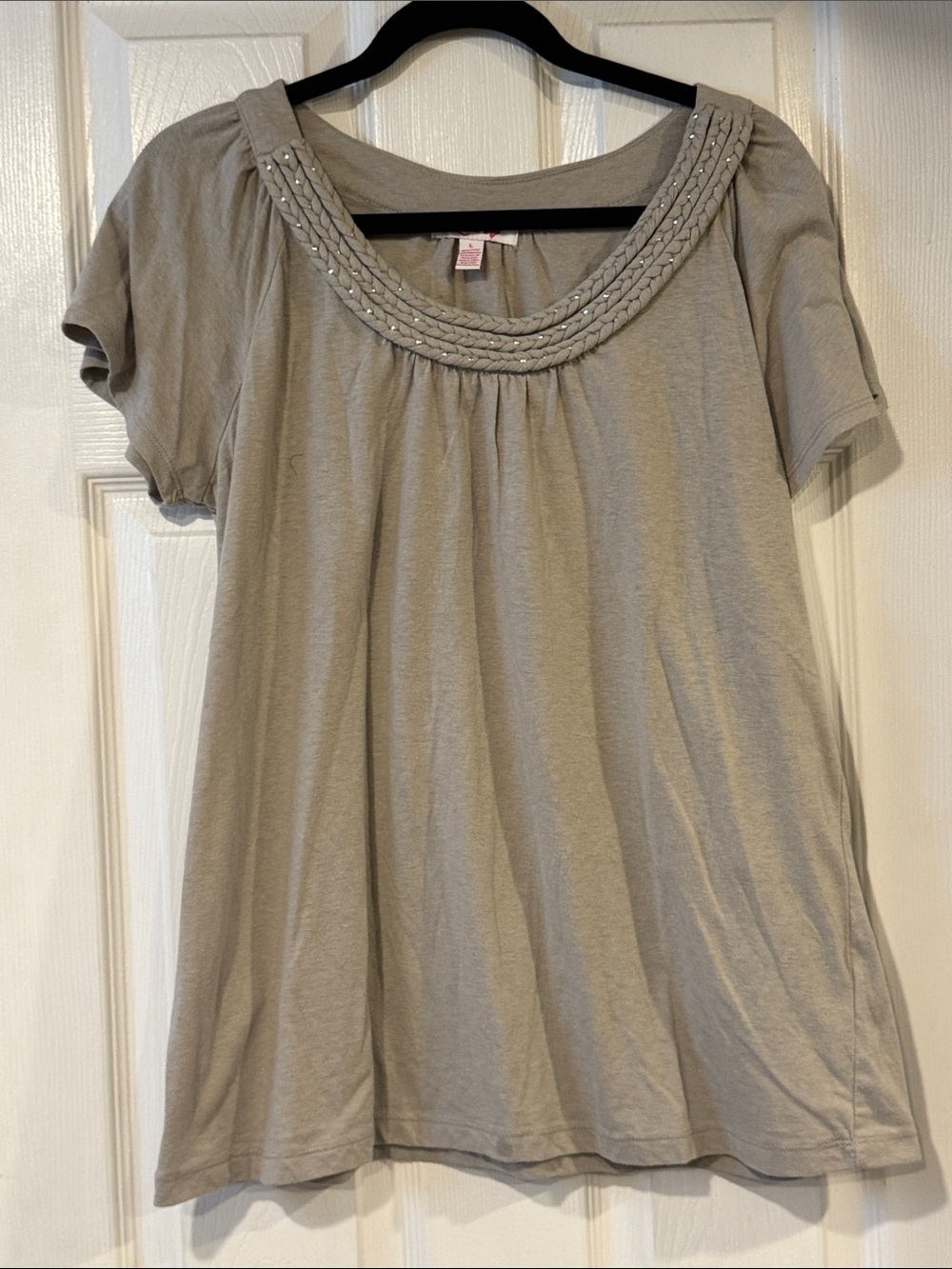 Lena Braided Scoop Neck Short Sleeve Top - Light Gray